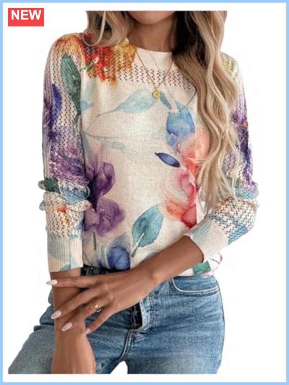 Women's Floral Knit Pullover Sweater Long Sleeve Hollow Out Top